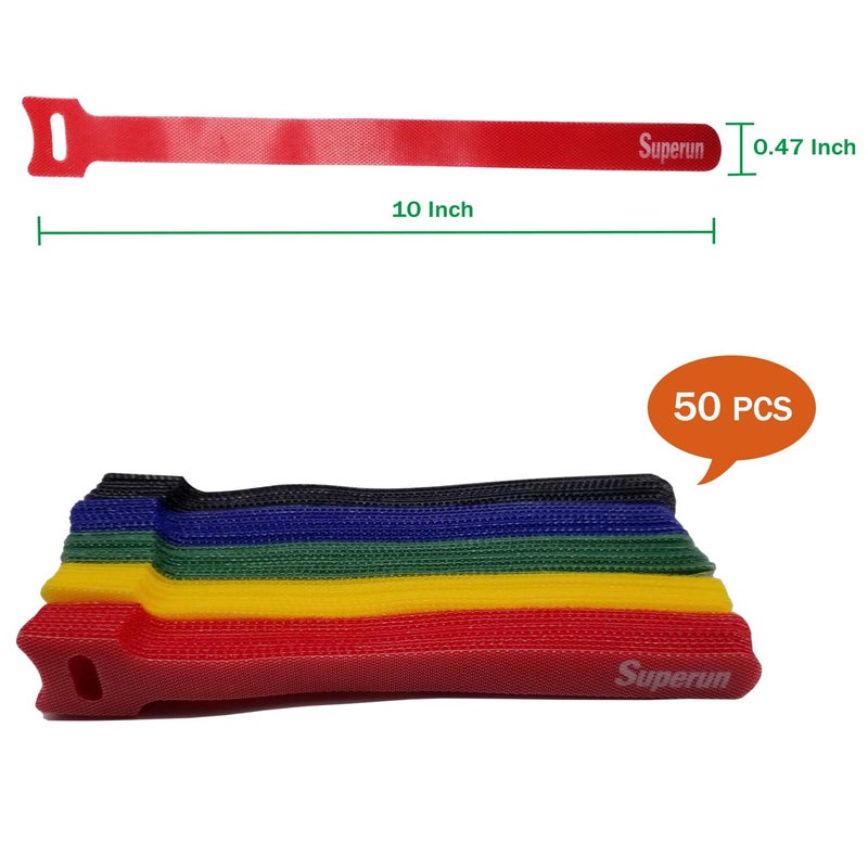 Superun 50 Pcs Multi-Color 10 Inch Fastening Cable Ties Reusable Cord Organizer, Adjustable Hook and Loop Wire Wrap Cable Management - Image 2